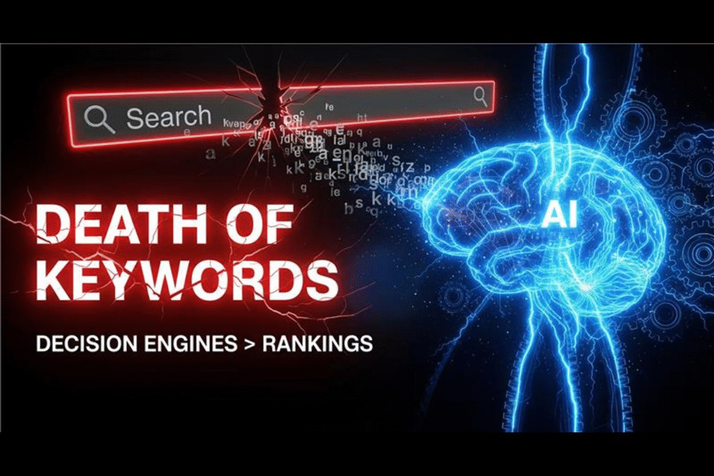 AI-driven decision engines replacing traditional SEO keywords in 2025; illustration of search bar and digital brain highlighting the death of keywords; modern SEO strategy for USA businesses by MokshDigital; decision engine optimization, AI search behavior, zero-click search trends