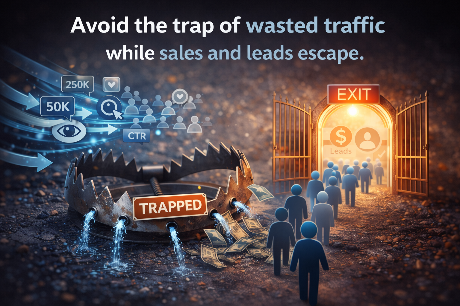 website traffic trapped in bear trap leaking money while users escape toward leads exit gate