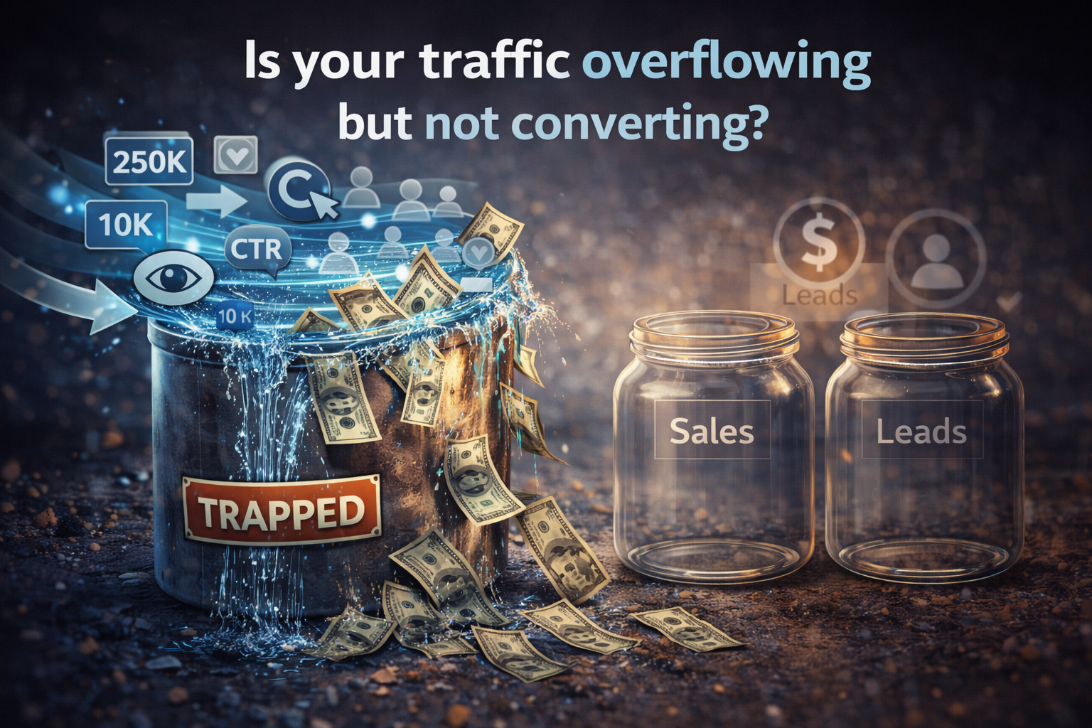 overflowing website traffic bucket labeled trapped with money spilling out and empty sales leads jars