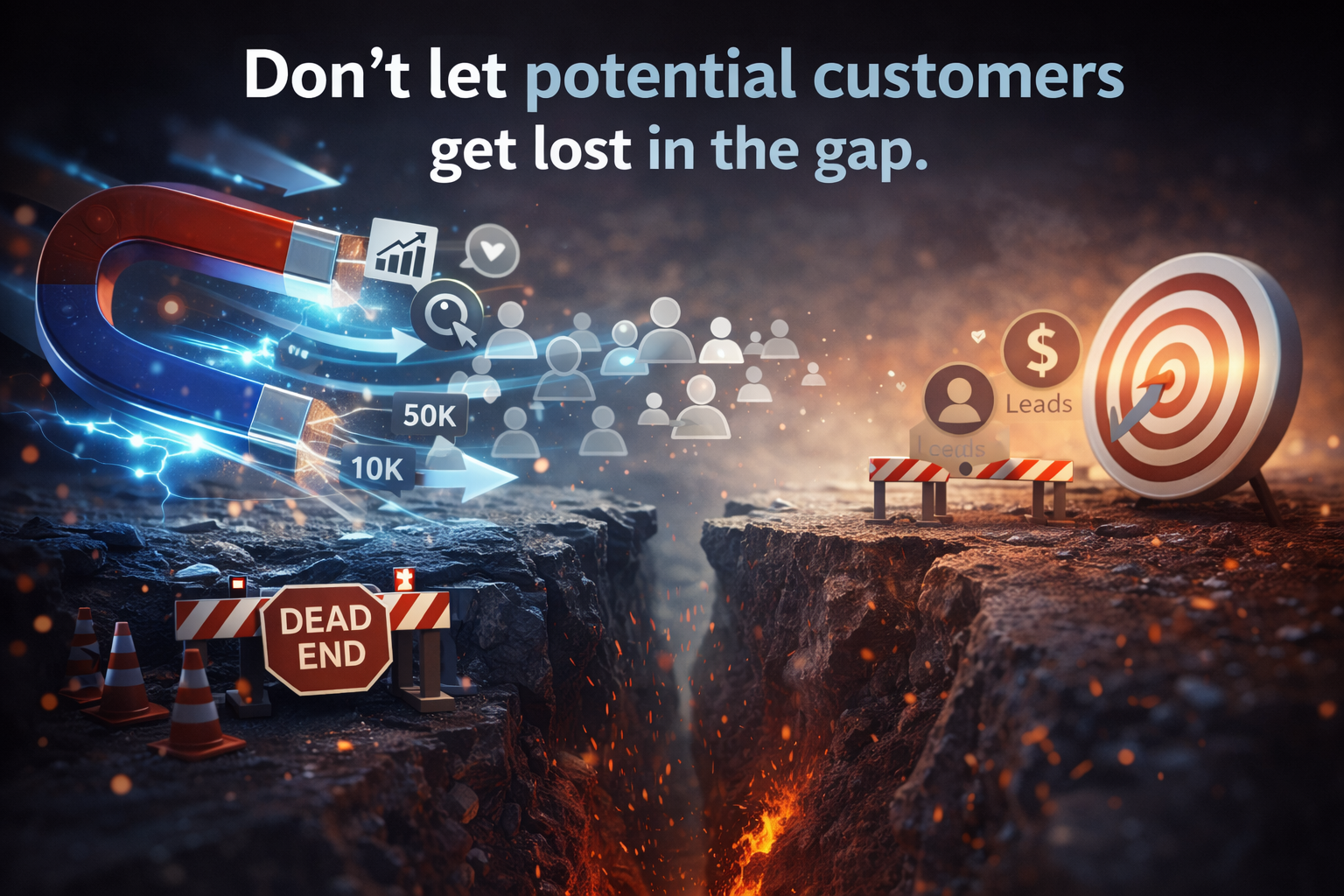 digital marketing gap illustration traffic pulled by magnet blocked by dead end before conversions