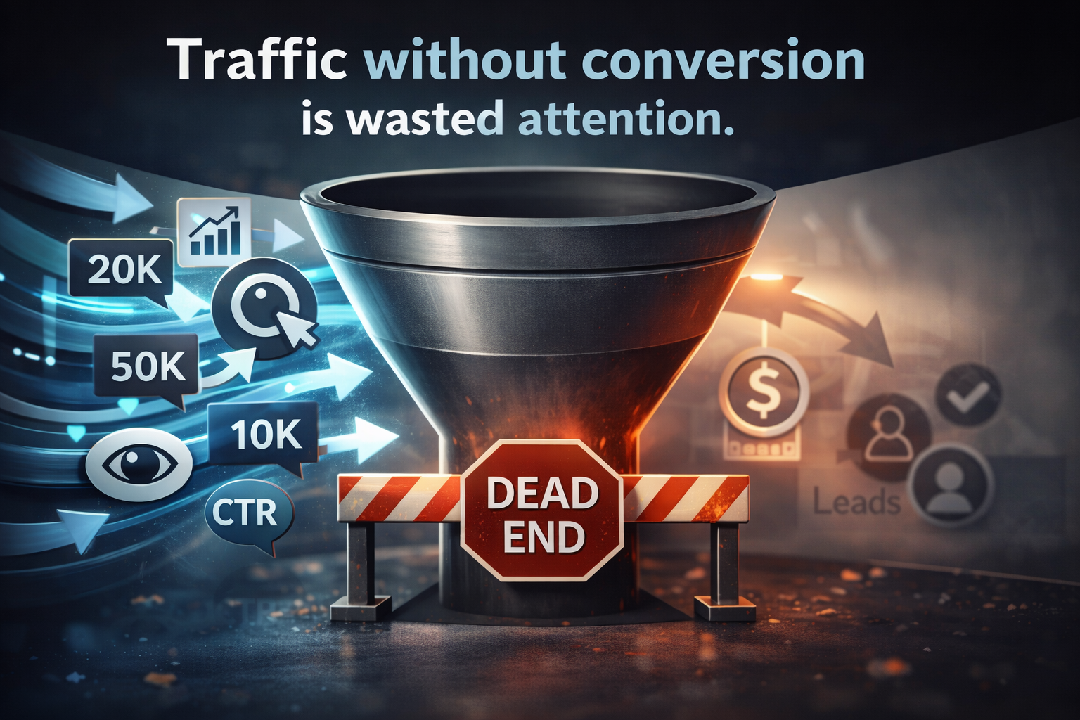 traffic without conversion funnel illustration showing website metrics hitting a dead end before revenue