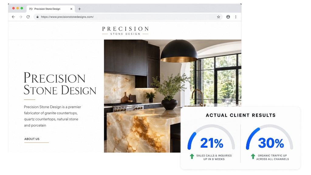 Precision Stone Design website with conversion results overlay