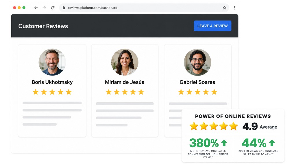 Customer reviews dashboard with online review impact stats